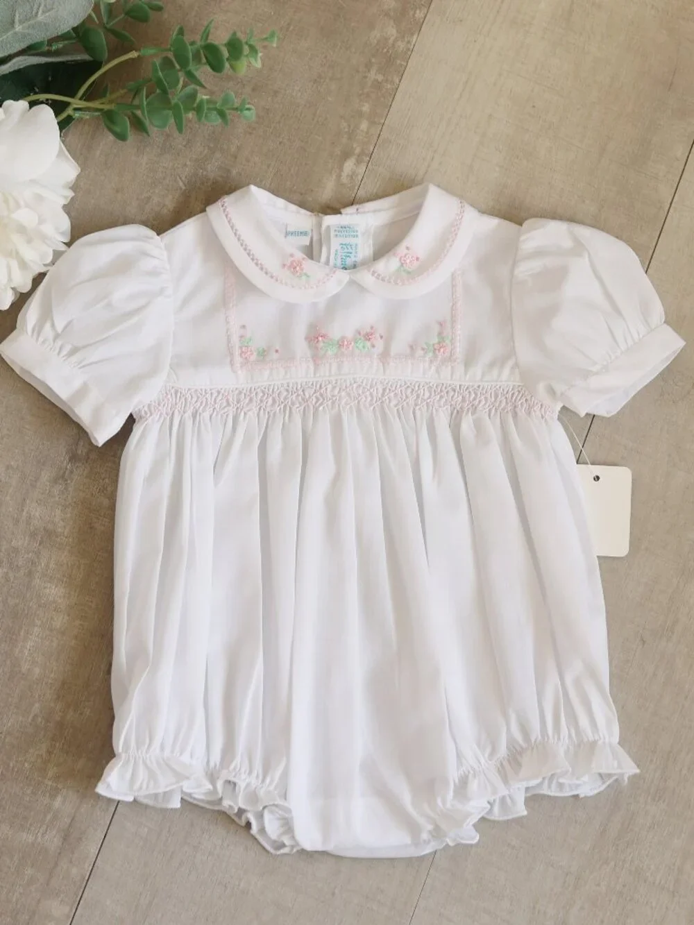 White Smocked Heirloom Bubble Romper Preemie Reborn Doll Feltman Brothers